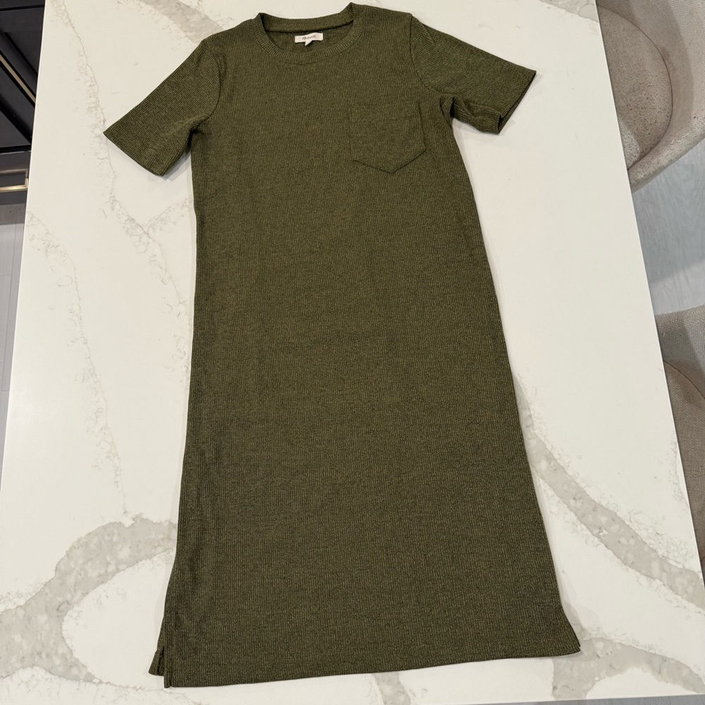 Madewell Ribbed Pocket Tee Midi Dress Women’s Small Kale/Olive Green Side Slits - Picture 4 of 14